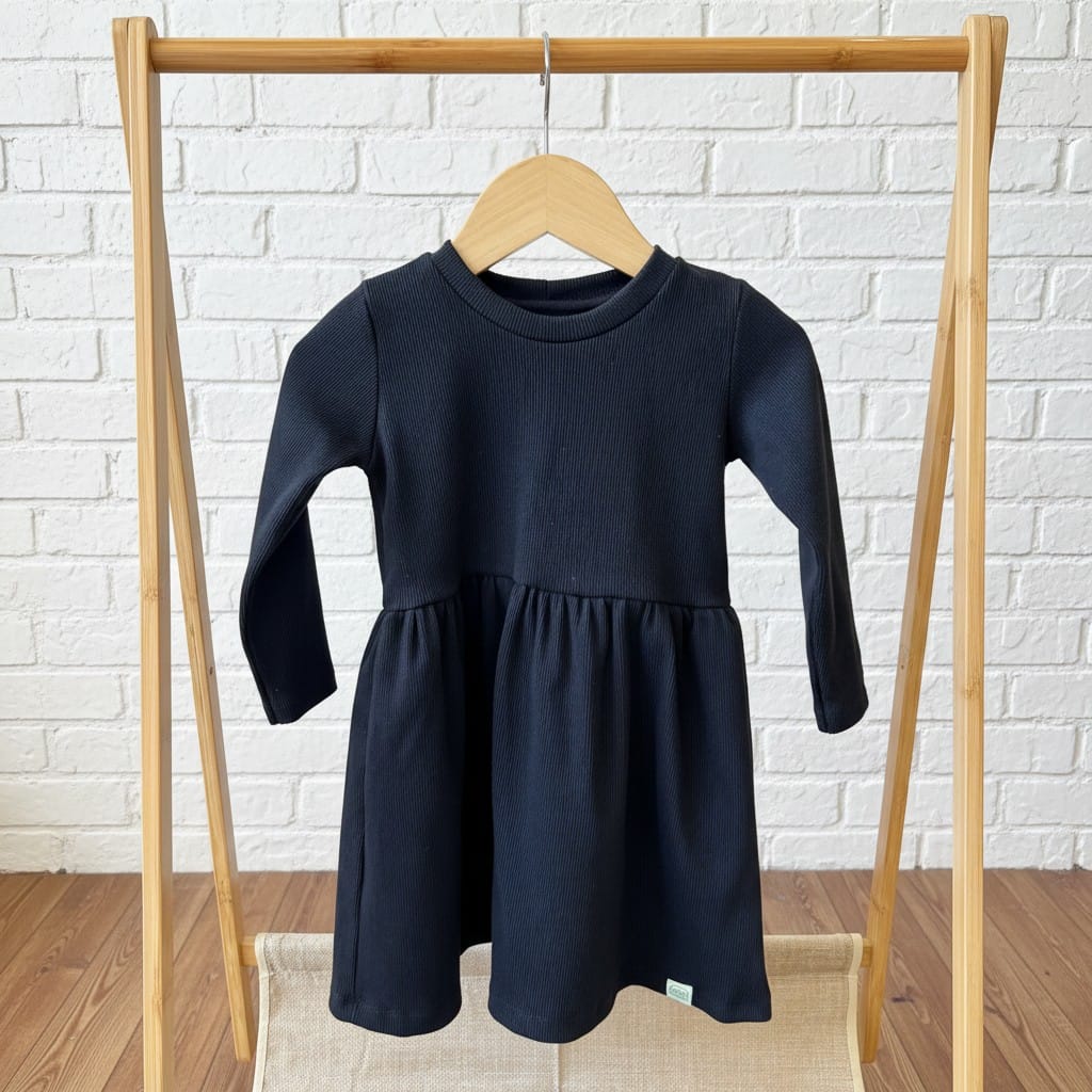 Vestido Canelado Manga Longa Preto