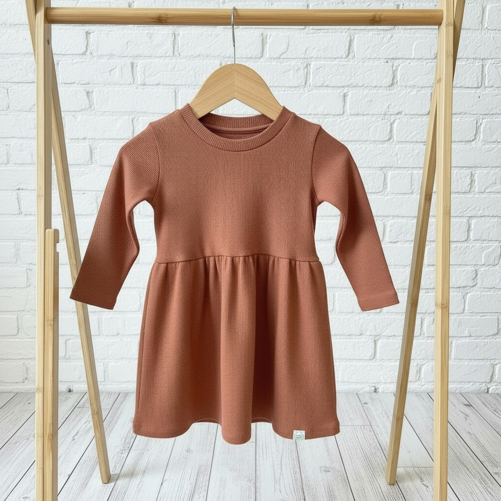 Vestido Canelado Manga Longa Terracota