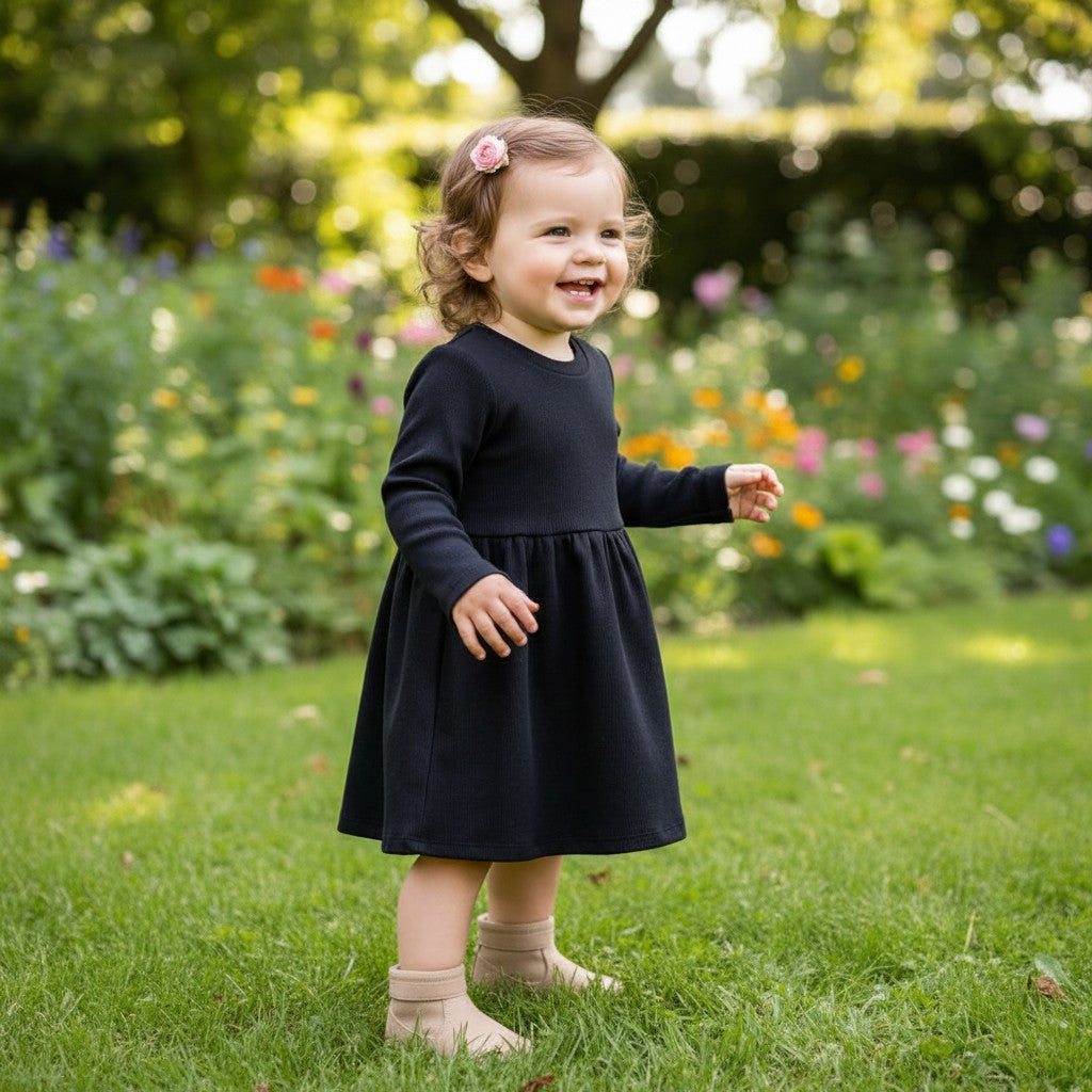 Vestido Canelado Manga Longa Preto